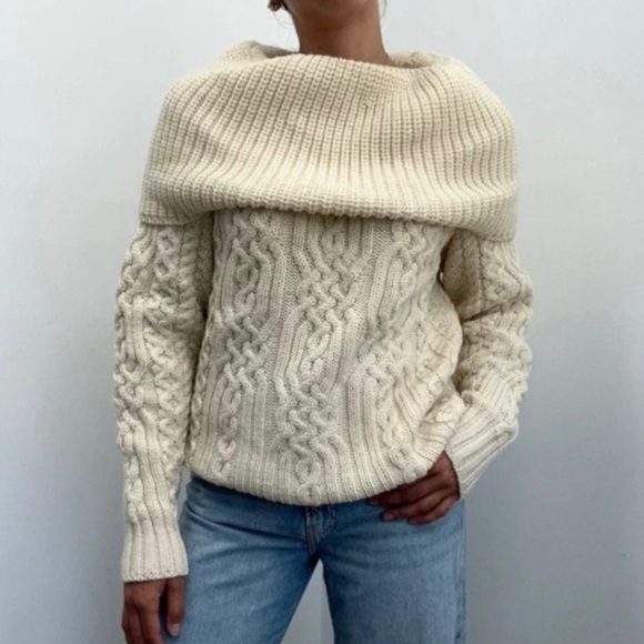 Aran Mor Merino Wool Cable Knit Irish Knot Cowl Sweater, Cream - Picture 2 of 6